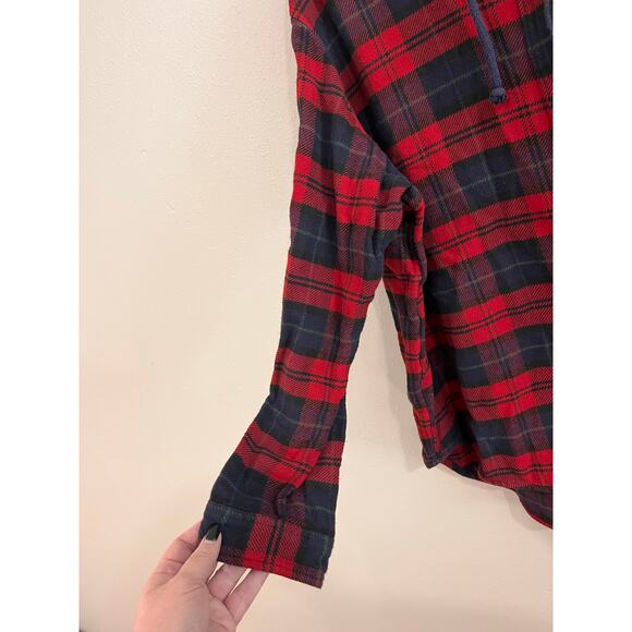 American Eagle Men’s XL Plaid Flannel Hooded Shirt Red Navy Button Front - Picture 4 of 9